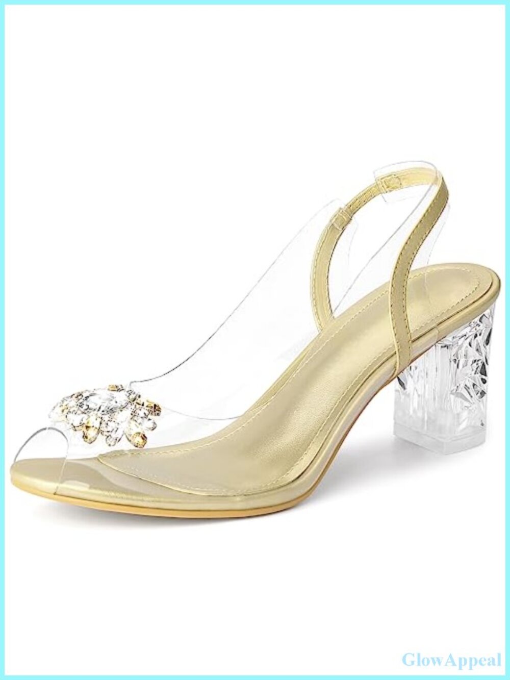 Perphy Clear Slingback Rhinestone Peep Toe Block Heels Sandals